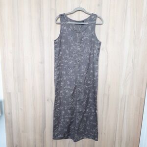 Womens Linen Floral Midi Dress 8P Brown 90s Minimalist Lagenlook Coastal Cottage